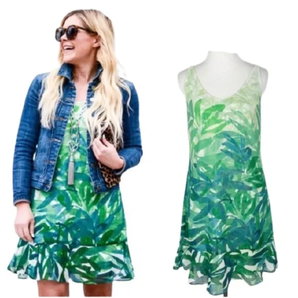 cabi green leaf dress Cabi #280 Size Small Leaf Print 3/4 Sleeve